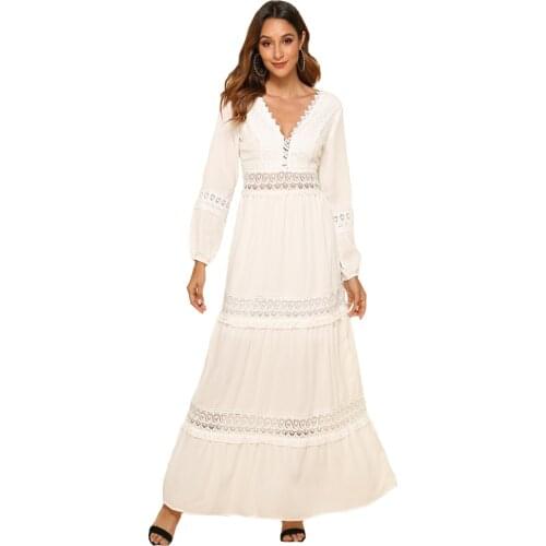 Pure White Women Dress Lace Openwork Sexy Deep V-Neck Halter Chiffon Dress Bohemian Long-Sleeved Temperament Ladies Beach Dress