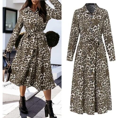 Elegant Dress Celmia Women Long Sleeve Lapel Leopard Printed Dresses 2021 Fashion Buttons Belted Party Vestidos Midi Robe Mujer