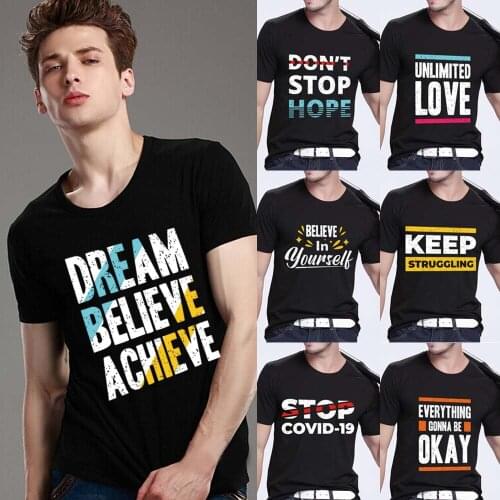 Mens Classic Black T-shirt Inspirational Phrase Printing Series Casual O-neck Youth Mens Breathable All-match Breathable Shirt