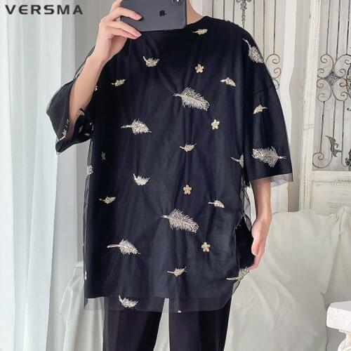 VERSMA Japanese Vintage Feather Embroidery Mesh T-shirt Men Women Summer Hollow Fake Two Piece Couple Tshirts Male Dropshipping