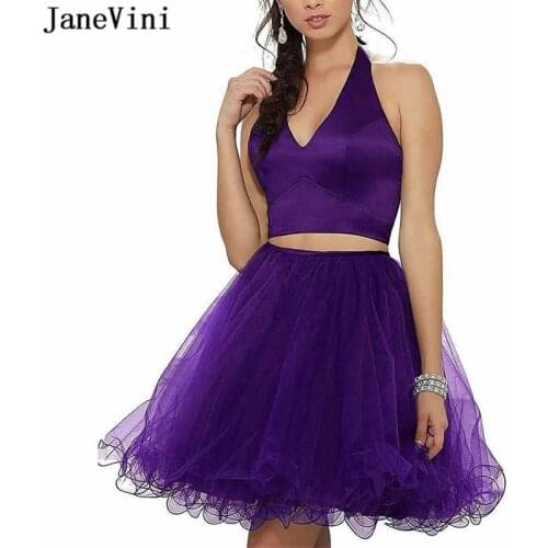 JaneVini 2019 Purple 2 Peice Short Tulle Homecoming Dress A Line Halter Sleeveless Plus Size Mini Graduation Dresses for Juniors