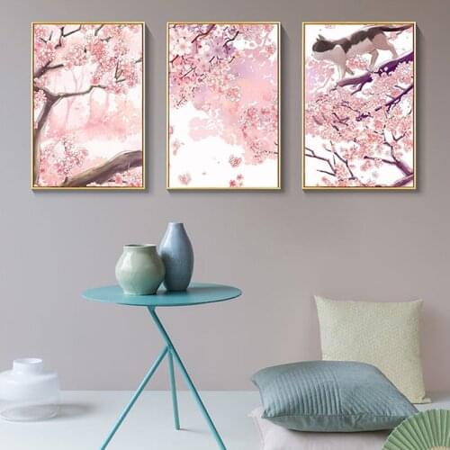 Cherry Blossom Painting Pink Japanese Landscape Canvas Posters And Prints Cute Cat Wall Art Pictures For Kids bedroom Decor