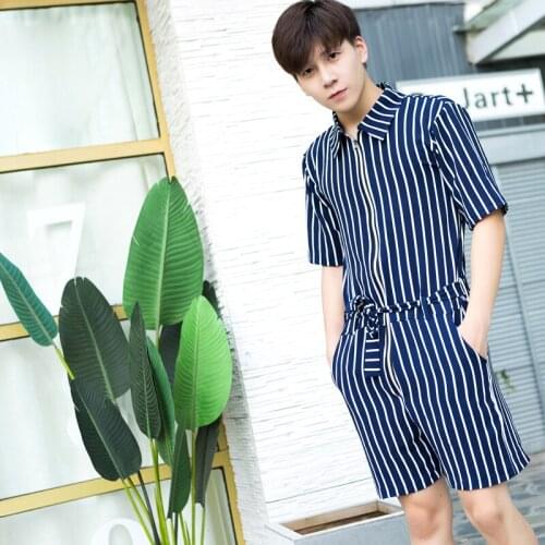Summer new tide mens show shorts short-sleeved tooling jumpsuit jumpsuit jumpsuit clothes zipper original