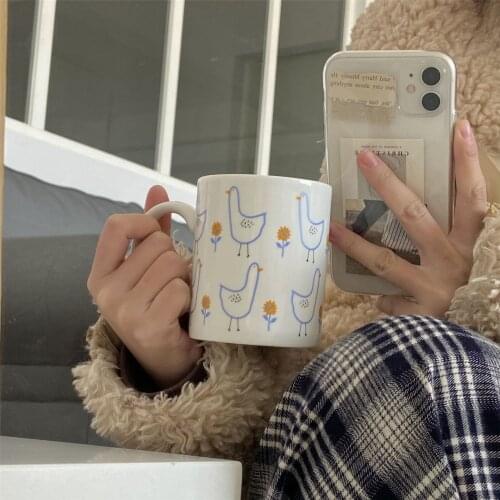 Korean retro lovely duck cream blue ceramic mug girl coffee milk breakfast couple cup