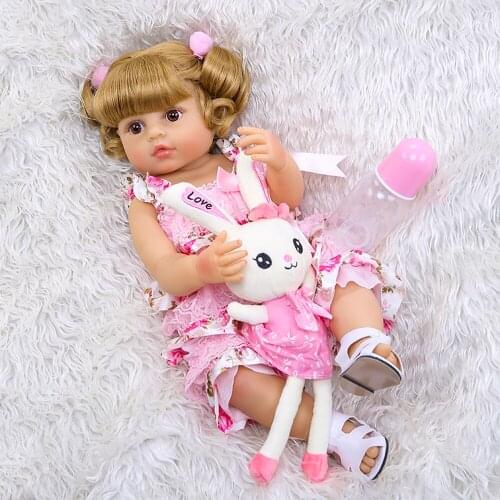 Decdeal 22 in Reborn Baby Doll Silicone Full Body Lifelike Baby Girl Doll Toddlers Gifts Set with Pink Lace Dress and Rabbit Toy