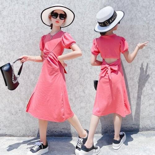 Girls Summer Dresses 2021 Black Pink Casual Back Bowknot Sexy Split Long Dress for Girls Clothes Teen Kids Clothing 12 13 14Yrs
