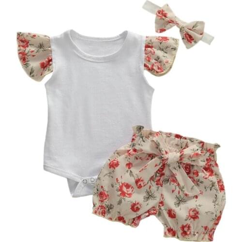 Toddler Baby Girls Summer Clothing Cottton Short sleeve Ruffled Tops Bodysuits Shorts Pants Floral Headband 3Pcs Set 0-24M