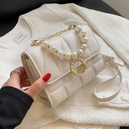 Mini PU Leather Flap Crossbody Shoulder Bags with Short Pearl Handle for Women 2021 Chain Handbags and Purses Totes