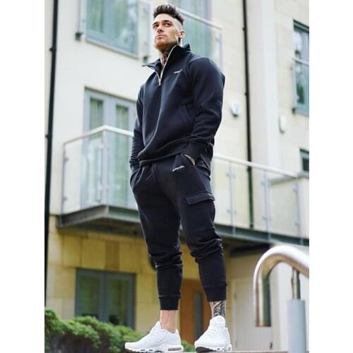 Muscle Sports Suits Mens New Autumn Cotton Long-Sleeved Two-Piece Zip-Up Pocket Cargo Pants Polo Shirts Fashion Tracksuit