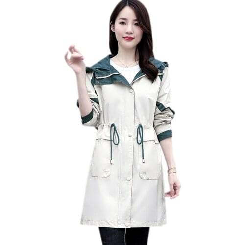 New 2021Spring Autumn Womens Trench Coat Mid-Length Chic Zipper Hooded Coat Korean Style Fashion Windbreakers Outerwear Female