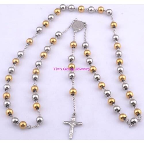 4mm/6mm/8mm Silver Color Gold Color 316L Stainless Steel Religous Cross Pendant Necklaces Rosary Beads Chain 5pcs/lot