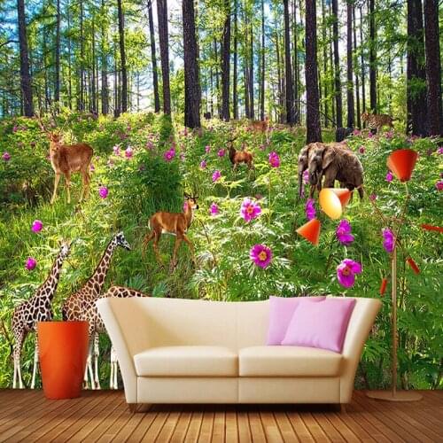 Custom Self-adhesive Mural Wallpaper 3D Forest Tree Animals Nature Landscape Photo Background Wall Painting Living Room Bedroom