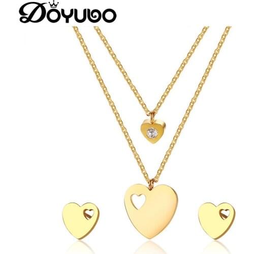 DOYUBO Romantic Women Stainless Steel Love Heart Jewelry Sets Gold Color Heart Charms Chains & Earrings Lady Fine Jewelry DG013