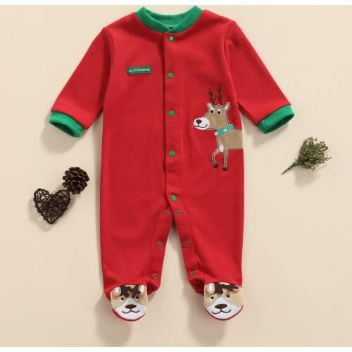 Christmas Baby Girl Boys Footed Romper Cute Deer Pattern Short Sleeve Jumpsuits Bodysuits Xmas Outfits