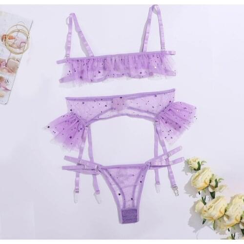 Sous vetement femme Colorful Star Moon Embroidery Lingerie Set Temptation Bra Mini Dress Thong Set Ladies Underwear Set нижнее б