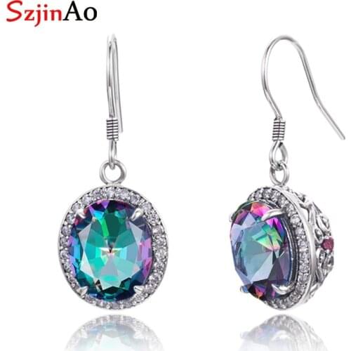 SzjinAo Handmade Round Mystic Topaz Earrings Solid 925 Sterling Silver Luxury Fine Jewelry June Birthstone Earring Wholesale