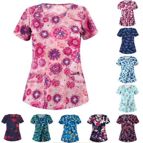 Scrubs Uniform Nurse Women Working Uniform Short Sleeve V-Neck Tops Cartoon Print Blouse Woman Protective Clinical Uniforms