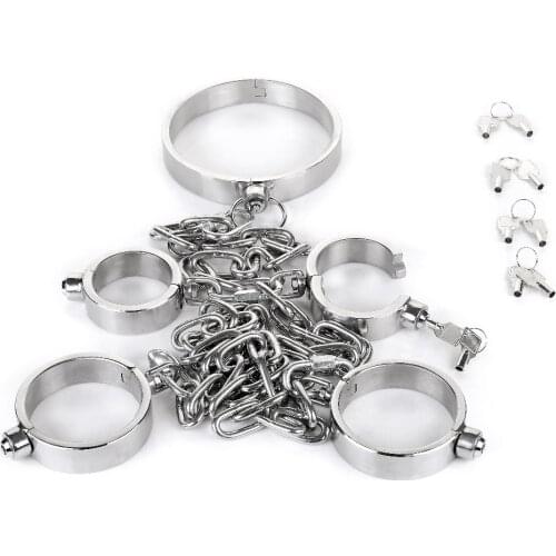 Lockable Neck Collar Handcuffs Leg irons Bondage Restraints Stainless Steel Chain Ankle Hand Cuffs Slave Bdsm Fetish Sex Toys