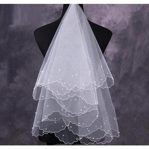 Women Pearl Bridal Veils Wedding Dress Veil Layers Tulle Ribbon Edge Wedding Accessories