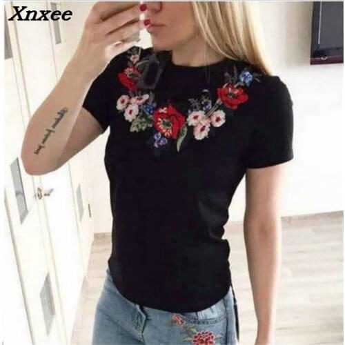 Summer o neck floral embroidery t-shirt women cotton fashion short sleeve tees shirt female stretch tops Xnxee