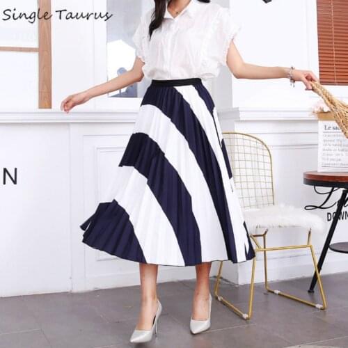 Geometric Print Skirt Women Elastic Waist Streetwear Midi Pleated Skirt Faldas Mujer Moda 2020 Summer Casual Gothic Saia Longa