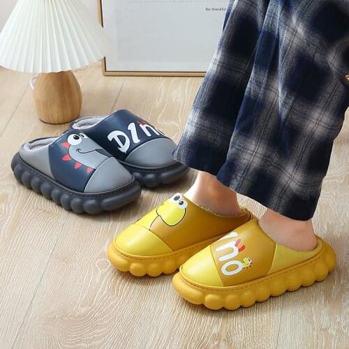 EVA Women Non-slip Slippers Winter Warm Clogs Female Plush Cartoon Waterproof Dinosaur Slippers Indoor Outdoor Mule Men Shoes