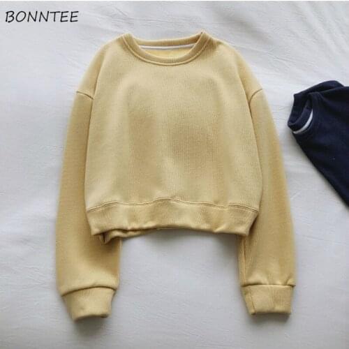 Hoodies Womens Solid Autumn Warm Soft Loose Thicken Plus Velvet Korean Style All-match Simple Casual Daily Students Trendy Chic
