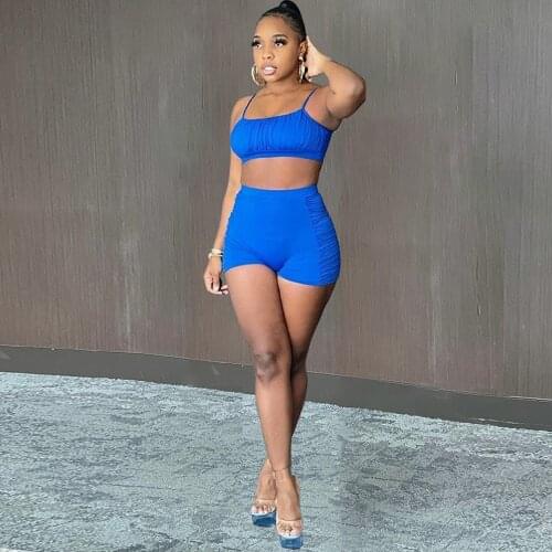 Solid Ruched Two Piece Matching Sets Women 2021 Basic Casual Camisole Crop Top+biker Empire Biker Short Co-ord Suit Sportswear