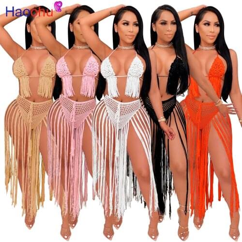 HAOOHU Sexy Hand Knitted Two Piece Swimsuit Backless Crop Top Bandage Maxi Dress for Women Summer Beachwear Tassel Club Outfits