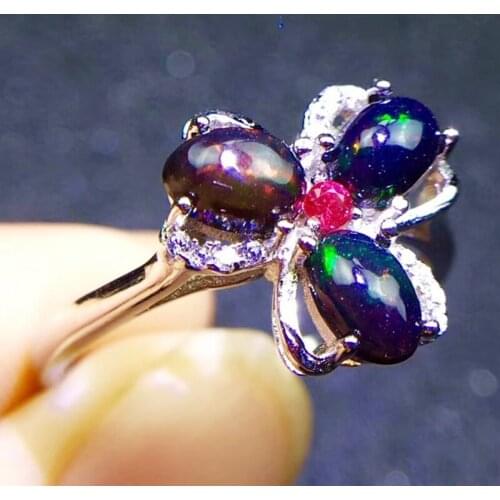 Natural real black opal flower ring Free shipping 4*6mm 0.3ct*3pcs gemstone 925 sterling silver Fine jewelry J2122914
