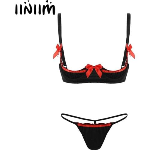 Womens Hot Ultra-thin Lingerie Set Exotic Clubwear 1/4 Scalloped Cups Underwired Open Bra Sissy Ladies Top with G-string Briefs