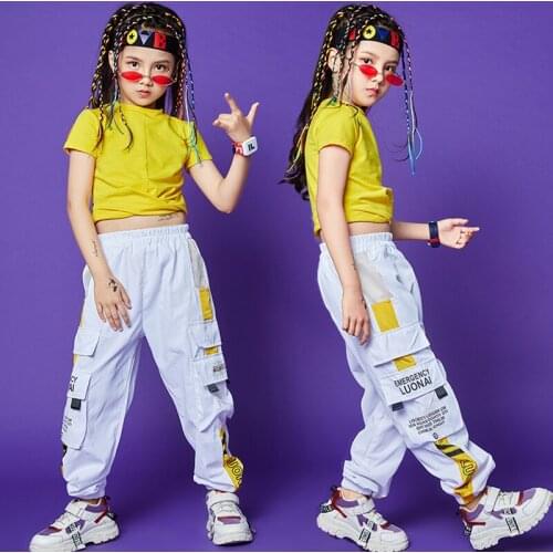 2020 Children' Day Ballroom Hip Hop Dance Clothes For Girls Yellow Tops White Hiphop Pants Stage Outfits Jazz Street Wear SL3145