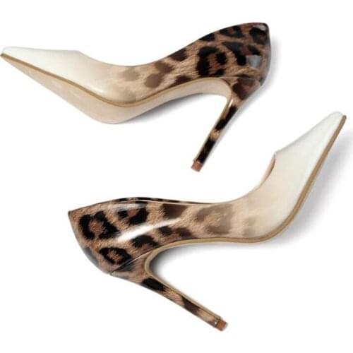 2021 Slip-on Pointed Toe Shoes Womens High Heels Sexy Leopard Patent Leather Female 12cm Heel Pumps Shoes Party Heels Size 35-42