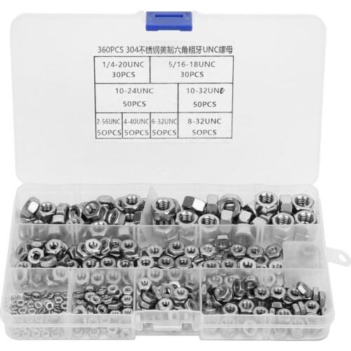 360pcs Stainless Steel Hex Nuts Coarse Thread American System UNC Nuts Fasteners Hot Sale