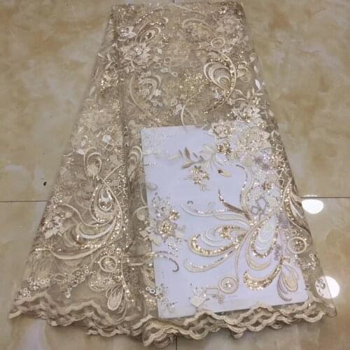 5yards/pc) gold color African tulle lace beautiful embroidered French net lace fabric with sequins for party dress FZX020