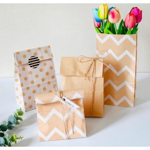 50pcs Vintage Kraft Gift Bag Stripe Dot Zigzag Paper Bags Wedding Birthday Party Favor Bag Cookie Bread Food Packaging Bag