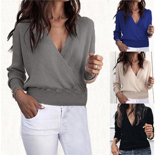 Bigsweety Sex Deep V-Neck Cross Front Tshirt 2021 Fall Fashion Womens Clothing Pullovers T-Shirt Women T shirt And Tops New