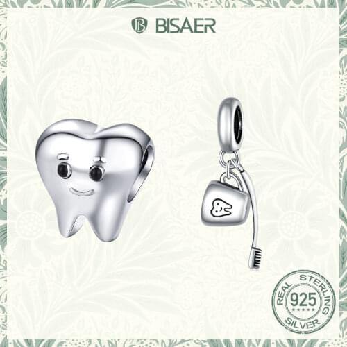 Tooth Beads BISAER 925 Sterling Silver Cute Tooth Teeth Charms Beads for Women Bracelets Bangles Silver 925 Jewelry ECC1401