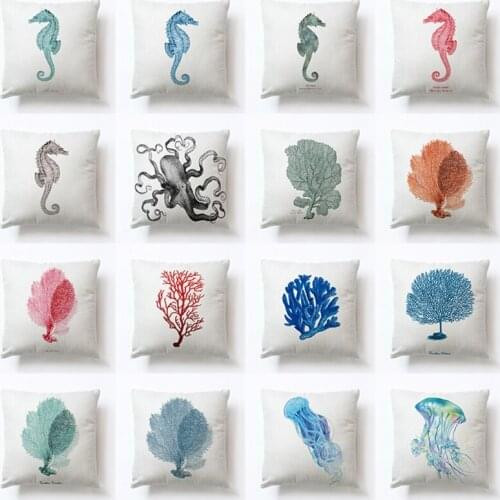 Watercolor Ocean Sea Turtle Print Throw Pillow Case Marine Animal Starfish Pattern Decorative Square Cushion Cover