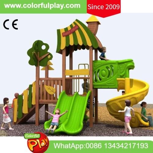 Wooden outdoor playground equipment with plastic slide animal jungle theme for kindergarten amusement park kids play area