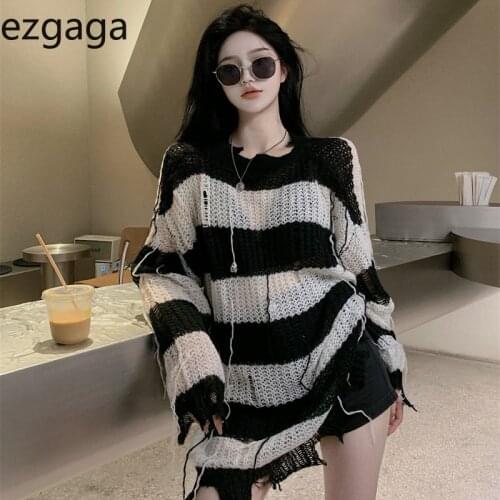 Ezgaga Hole Striped Sweater Jumper Women Tassel Irregular Korean Chic Loose Long Pullover Frayed Contrast Autumn New Streetwear