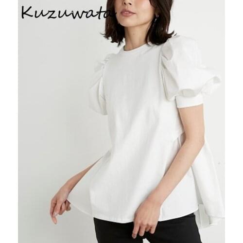 2021 New Summer Design T-shirts O Neck Puff Sleeve Patchwork Bowknot Bandage Solid Camisetas Sweet Japan Style Ropa
