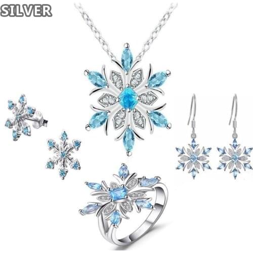 Snowflake Genuine Blue Topaz sapphire Shining zircon Ring 925 anillos Silver Fashion Rings For Women Christmas Gift Jewelry Set