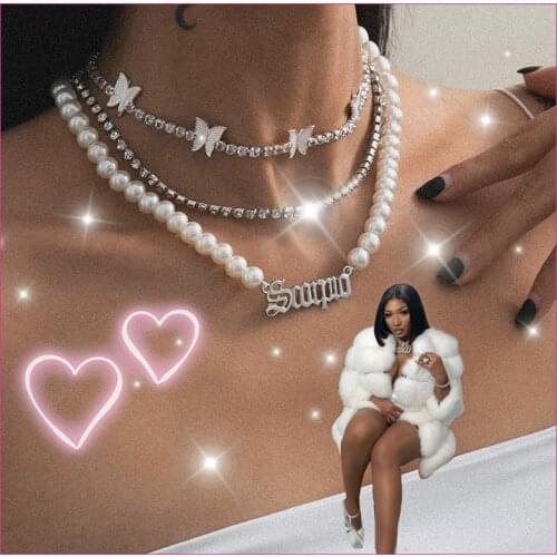 Vintage Multi Layer Pearl Butterfly Letter Pendant Necklace For Women Shiny Charms Y2K Punk Choker Necklace Poster 90s Jewelry