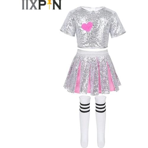 Sparkling Sequins Jazz hip hop Girls Modern Dance Costumes Kids Ballet Dancewear Love Applique Crop Top with Skirt Striped Socks
