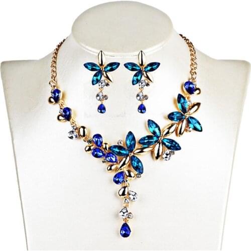 Womens Short Collar Necklaces Jewelry Color Crystal Five leaves Flowers Rhinestone Statement Gothic Necklace Earring Jewelry Set