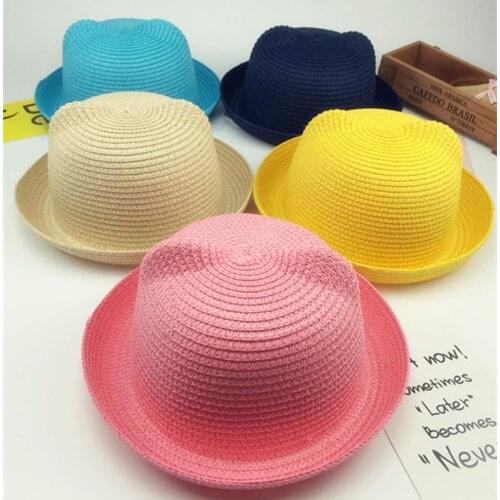Kids Summer Hats Cute Cat Ear Sun Straw Hats Beach Caps For Children Boys Girls chapeau Solid Baby Breathable Panama Hat