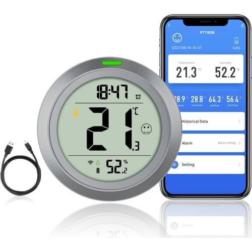 Protmex WiFi Digital Hygrometer Indoor Thermometer, Room Humidity Temperature Sensor Gauge with Clock Remote App Monitoring Grey