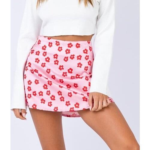 QLUKEOYY XS-XL Hot Sales Fashion Pink Floral Skirt Women 2021 New Sexy High Waist Satin Print Skirts for Women