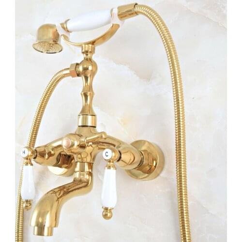 Luxury Polished Gold Color Brass Bathroom Wall Mounted Clawfoot Tub Faucet Taps Set With Hand Held Shower Head Spray mna813